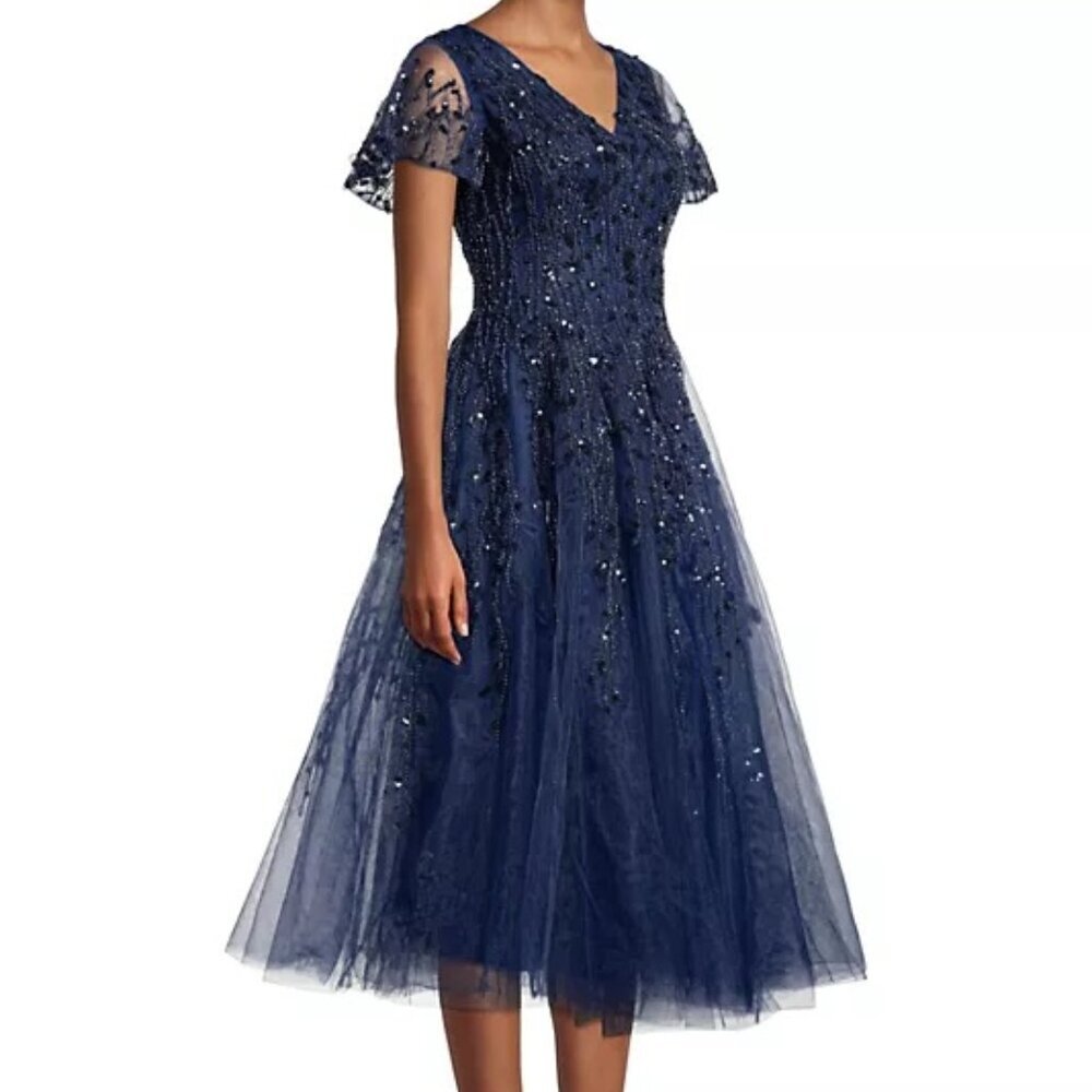 Midi Mac Duggal Navy Blue Beaded Gown Flowy Chiffon sz8 NWT orig598